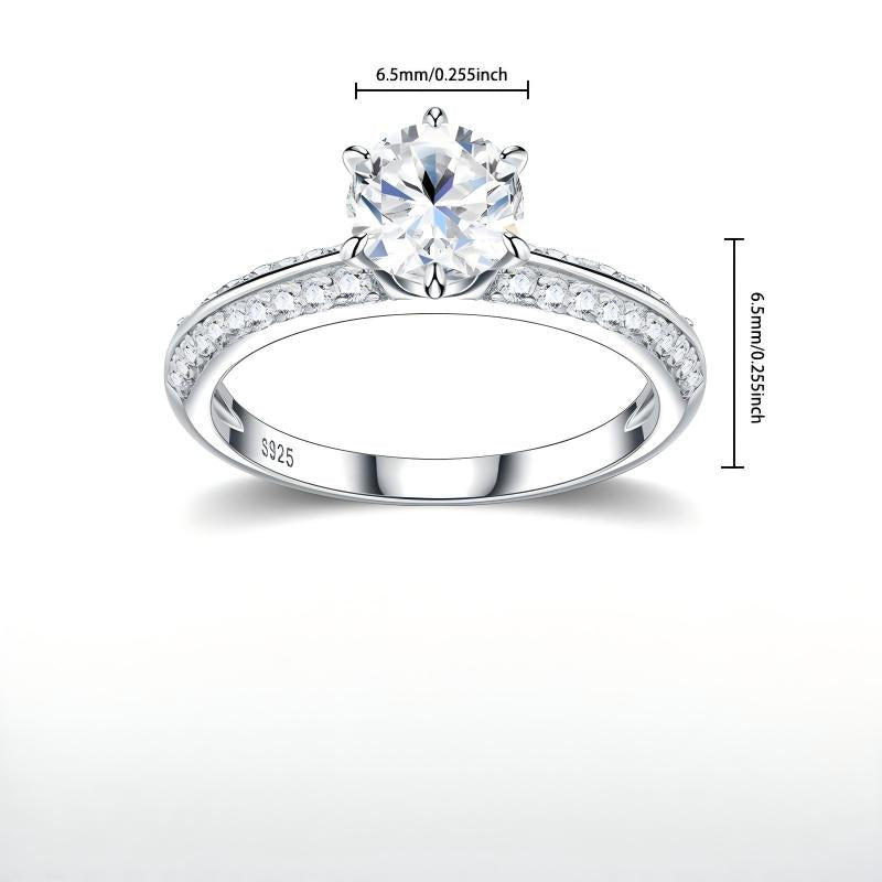 Product dimensions and measurement specifications for the 6-prong round moissanite solitaire ring.