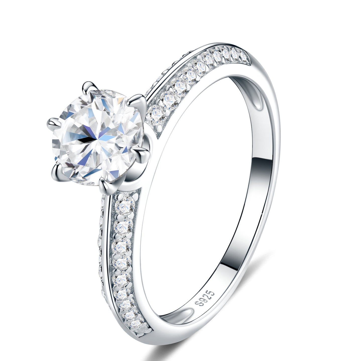 Classic 6-prong round cut moissanite solitaire engagement ring with pavé side stones in 925 sterling silver.