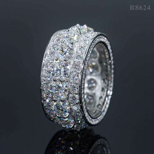 S925 Silver Full Iced Out Round Moissanite 3-Row Band Ring