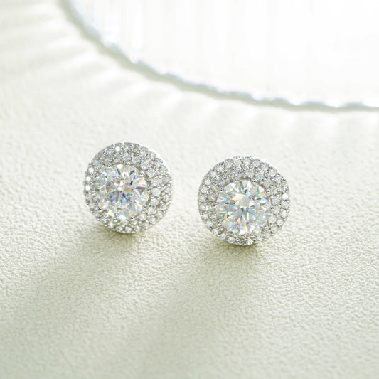 Iced Out Double Round Halo Solitaire Moissanite Stud Earrings