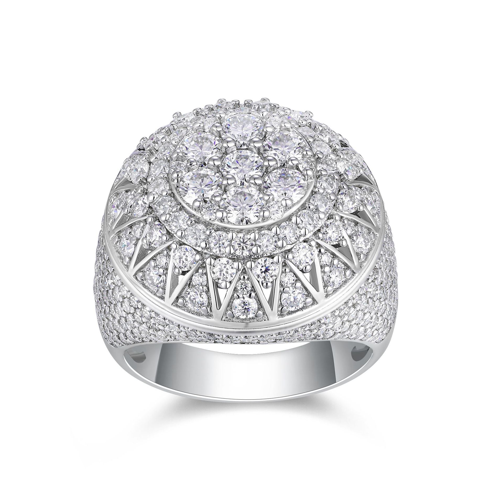 925 Sterling Silver Iced Out Moissanite Hip-Hop Dome Ring with sparkling stones and bold design, crafted by ZERRA.
