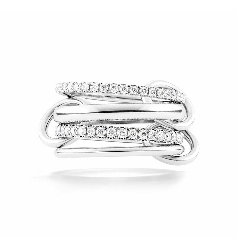 “Flat lay of S925 sterling silver four-band interlocking micro-paved ring for women”