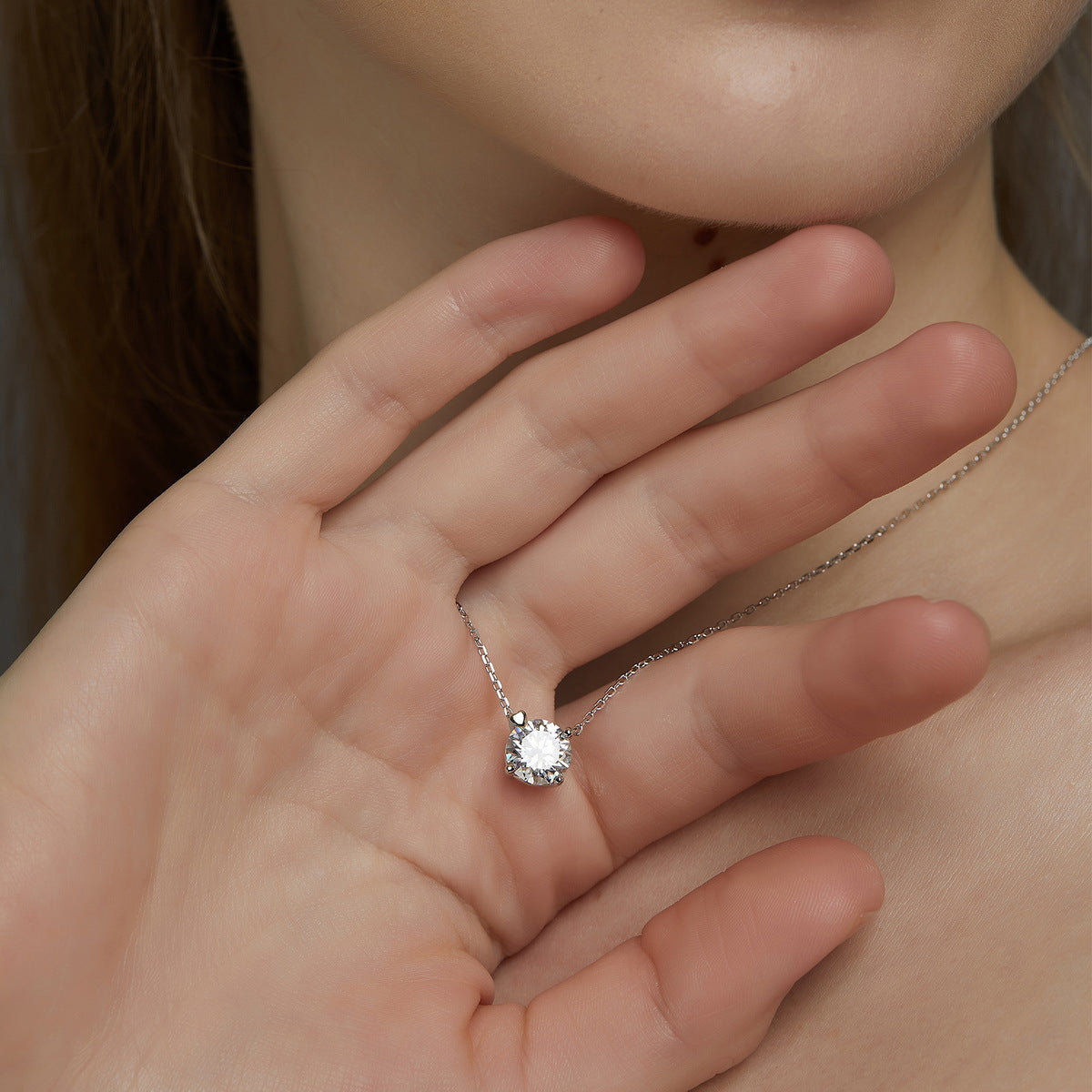 Classic Round Cut Moissanite Solitaire Necklace with Heart Accent