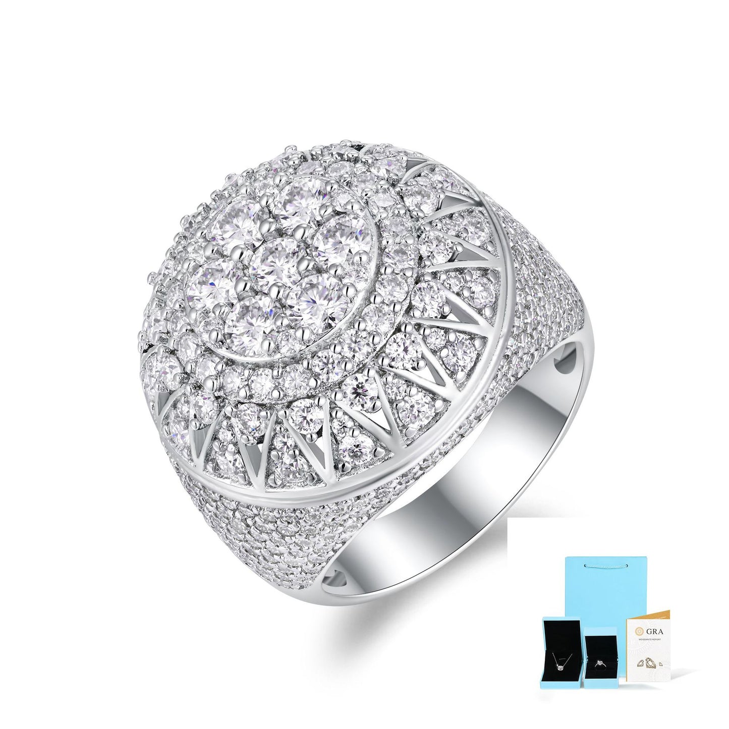 925 Sterling Silver Iced Out Moissanite Hip-Hop Dome Ring with sparkling gemstones, stylish jewelry by ZERRA.