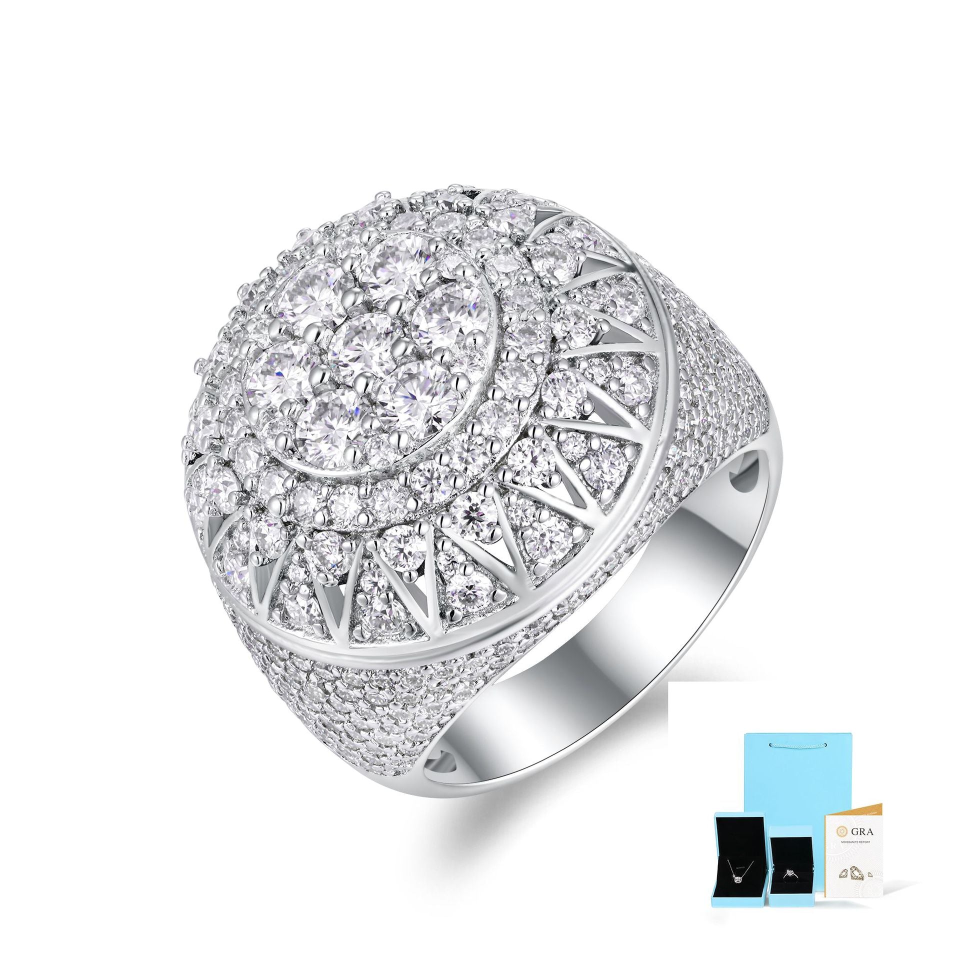 925 Sterling Silver Iced Out Moissanite Hip-Hop Dome Ring with sparkling gemstones, stylish jewelry by ZERRA.