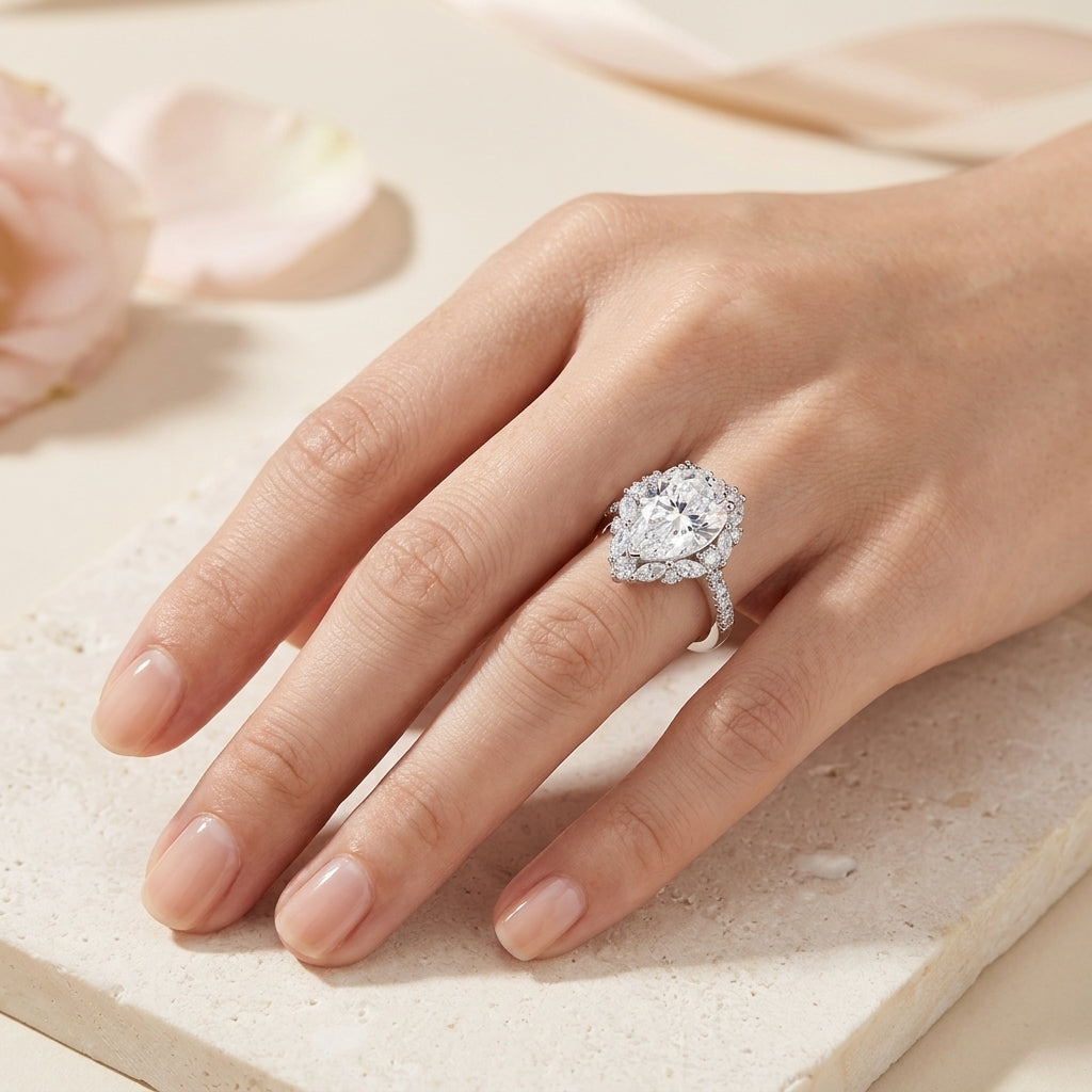 Model wearing an 8CT pear cut moissanite engagement ring with starburst marquise halo in soft ambient lighting.
