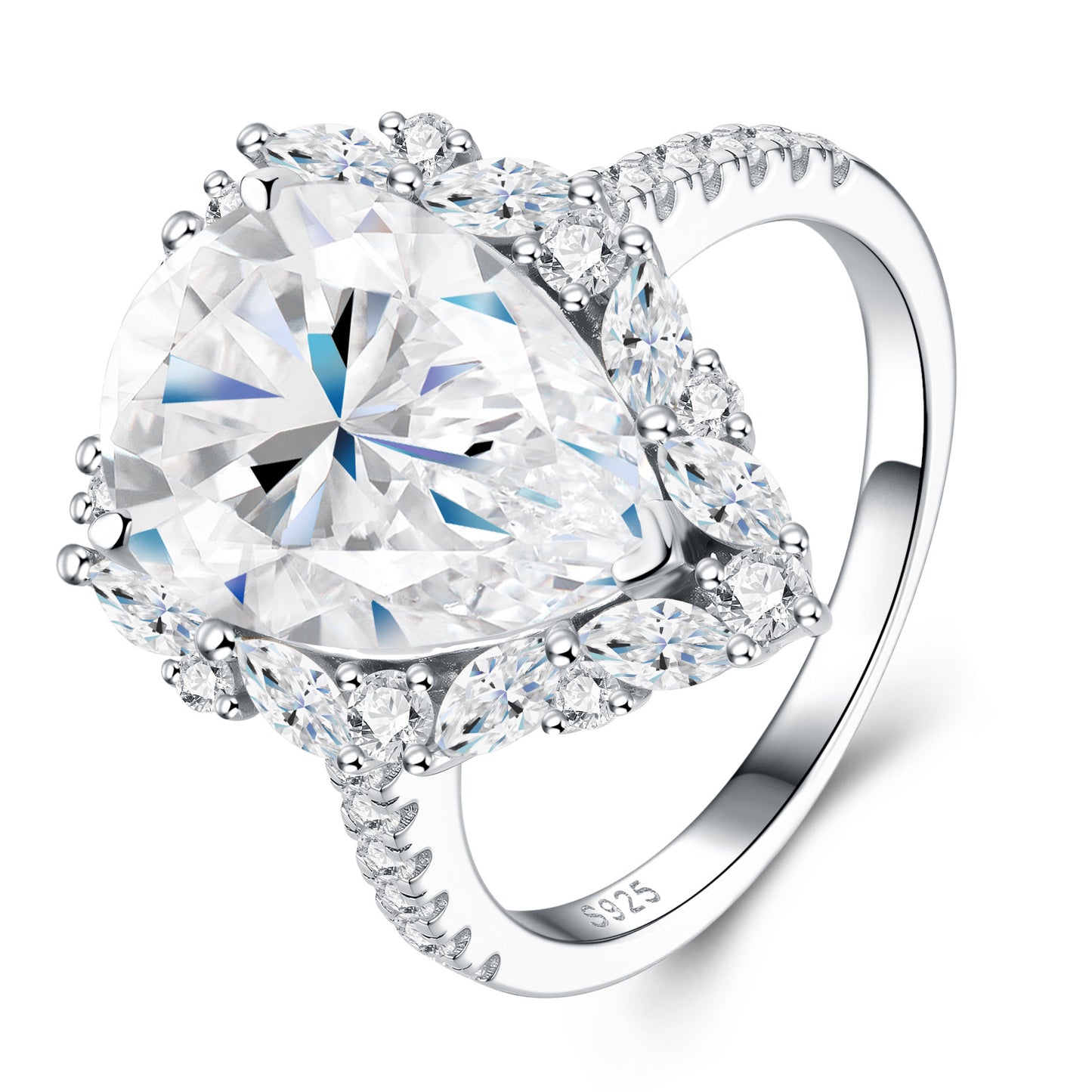 Angled close-up view showing prong setting and starburst marquise halo on 8CT pear moissanite ring.
