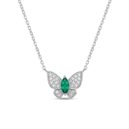 White background front view of a 925 sterling silver marquise emerald butterfly necklace on a fine cable chain.