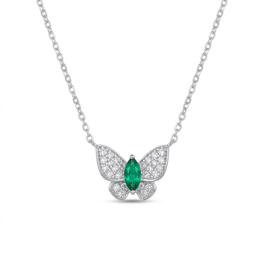White background front view of a 925 sterling silver marquise emerald butterfly necklace on a fine cable chain.