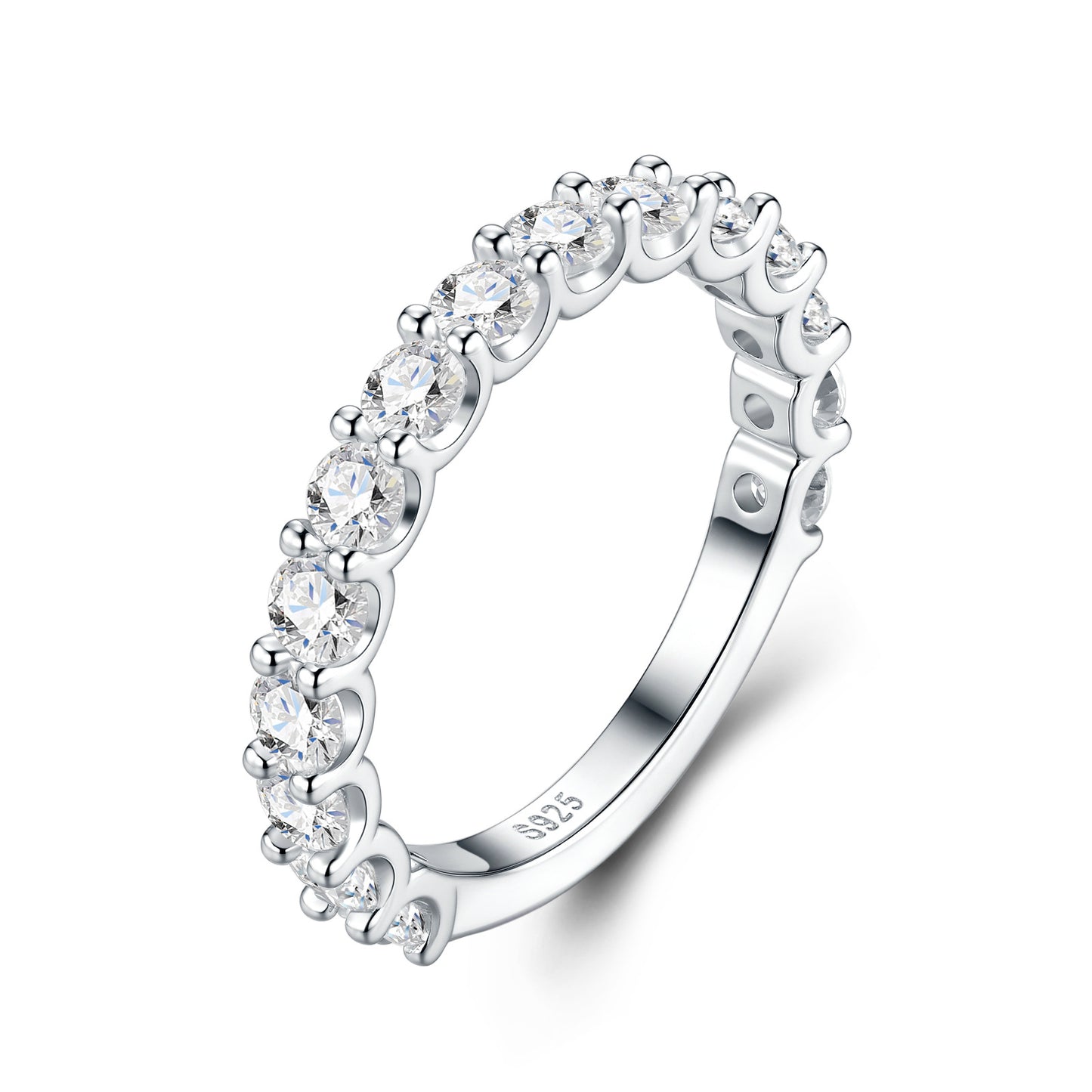 Studio display of 925 sterling silver moissanite bubble half eternity wedding band with clear interior S925 hallmark.