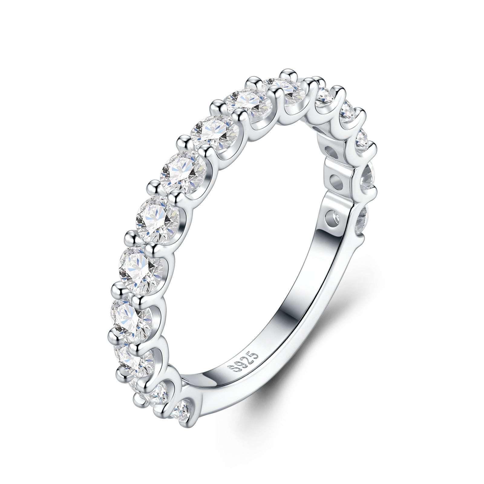 Studio display of 925 sterling silver moissanite bubble half eternity wedding band with clear interior S925 hallmark.