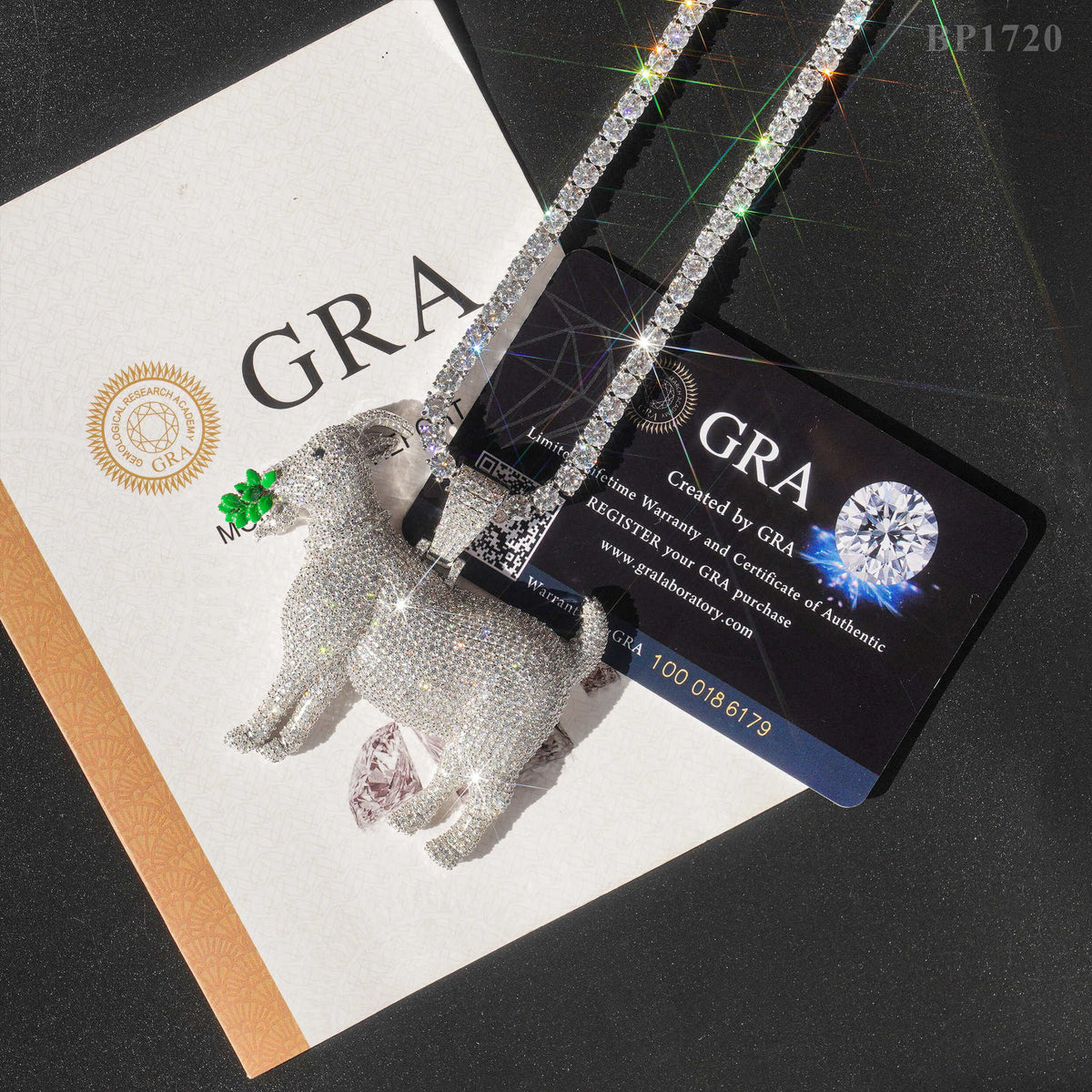 925 sterling silver iced out moissanite GOAT pendant with tennis chain presented with GRA report card