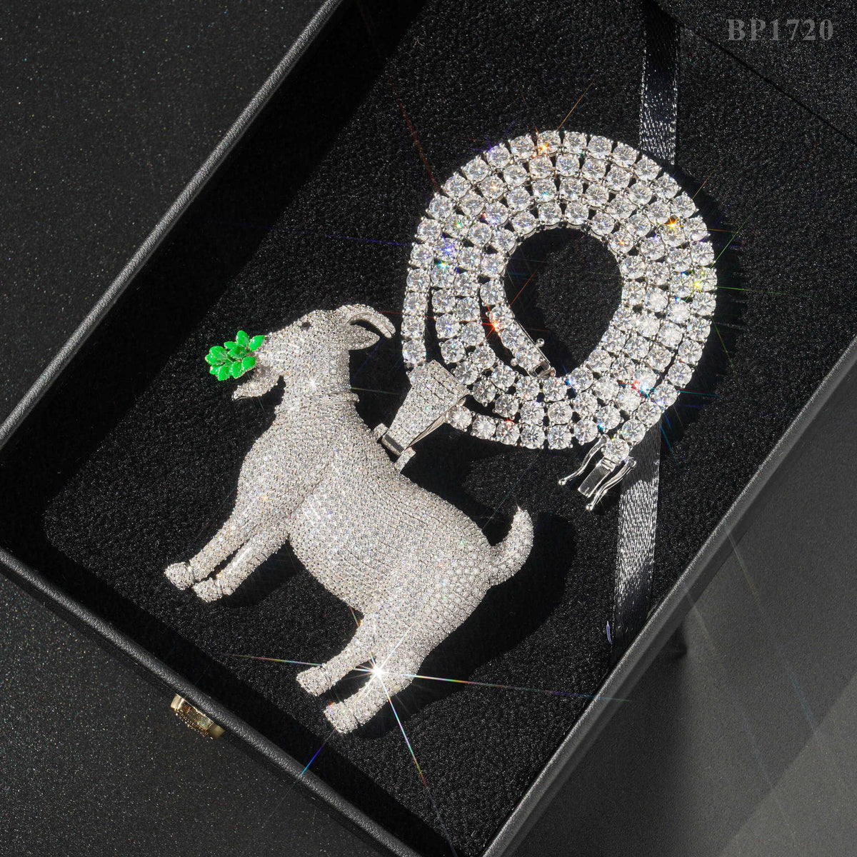 925 sterling silver iced out moissanite GOAT pendant with tennis chain in luxury black jewelry display box   