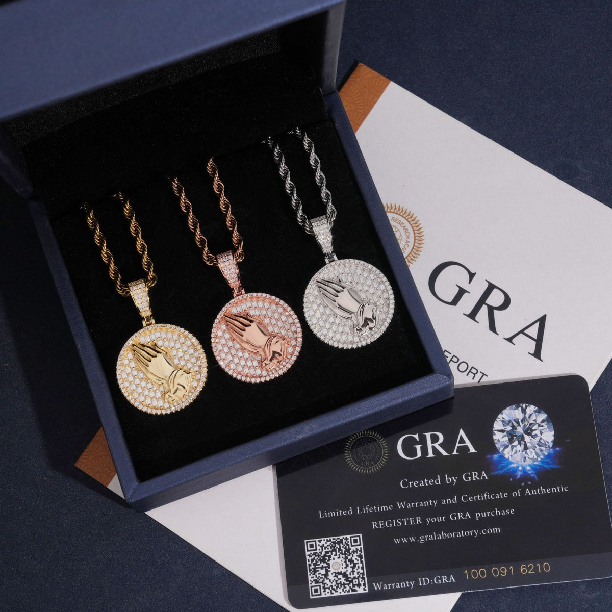 925 silver iced out moissanite praying hands medallion pendants in luxury gift box with GRA certificates