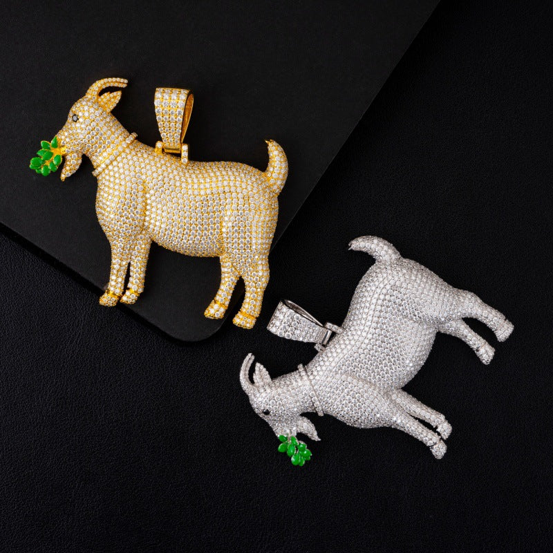 925 sterling silver full iced out moissanite GOAT pendant with green leaf in gold and silver on black background