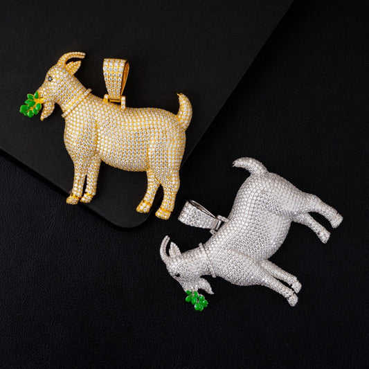 925 sterling silver full iced out moissanite GOAT pendant with green leaf in gold and silver on black background