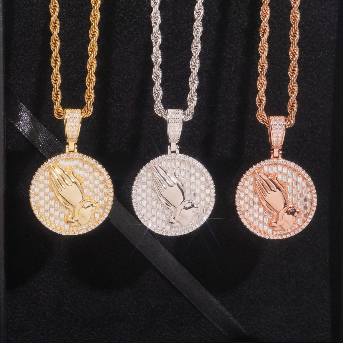 925 sterling silver full iced out moissanite praying hands medallion pendant set in gold silver rose gold with rope chain