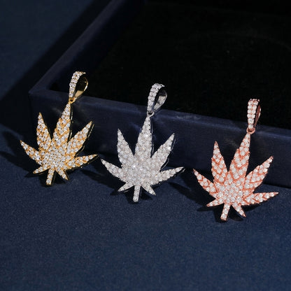 925 sterling silver full iced out moissanite weed leaf pendant set in gold silver and rose gold on dark display