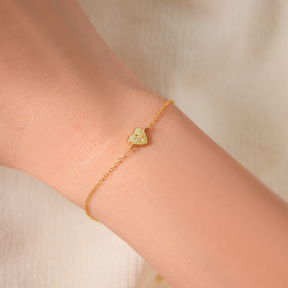 Woman Wearing Minimalist 14K Gold Heart Bracelet INS Style