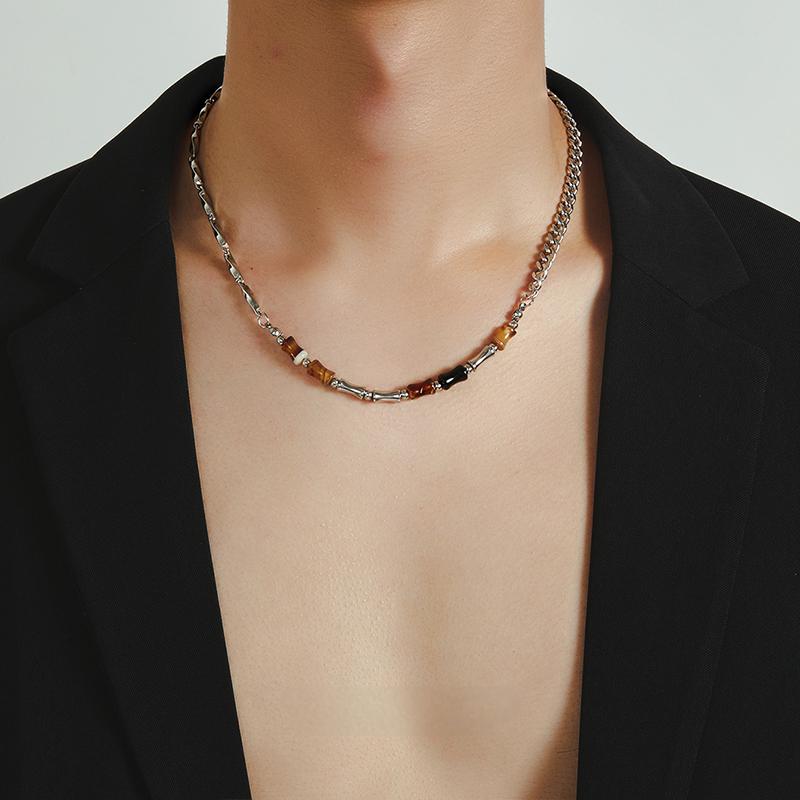 Men wearing agate and sterling silver bamboo chain choker streetwear style”