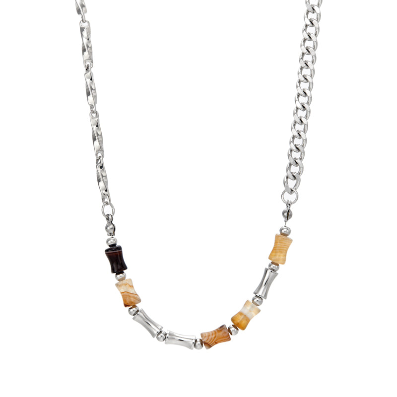 “Flat lay of men’s 925 silver bamboo chain necklace with agate beads”