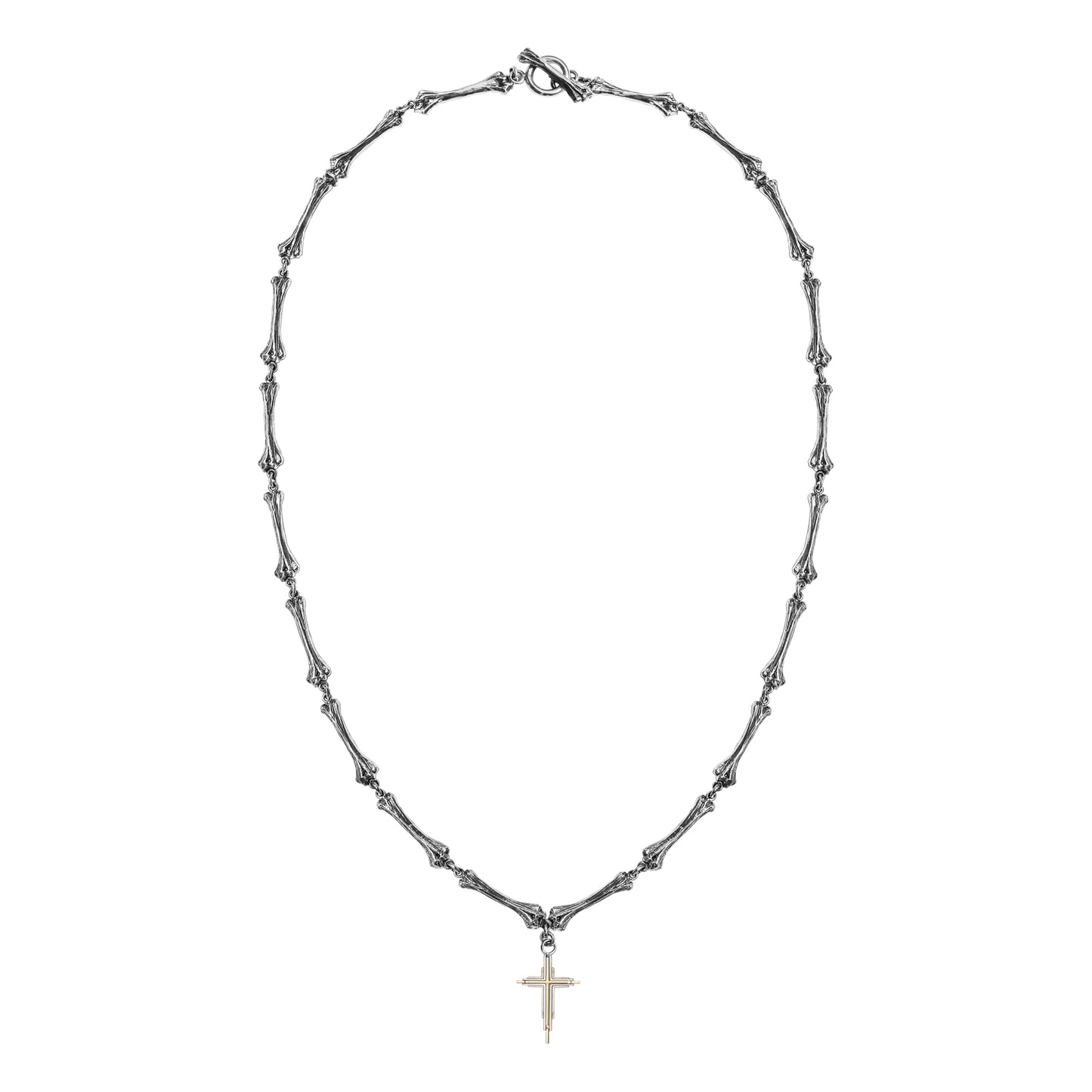 “Flat lay sterling silver bone cross pendant Cuban chain necklace”
