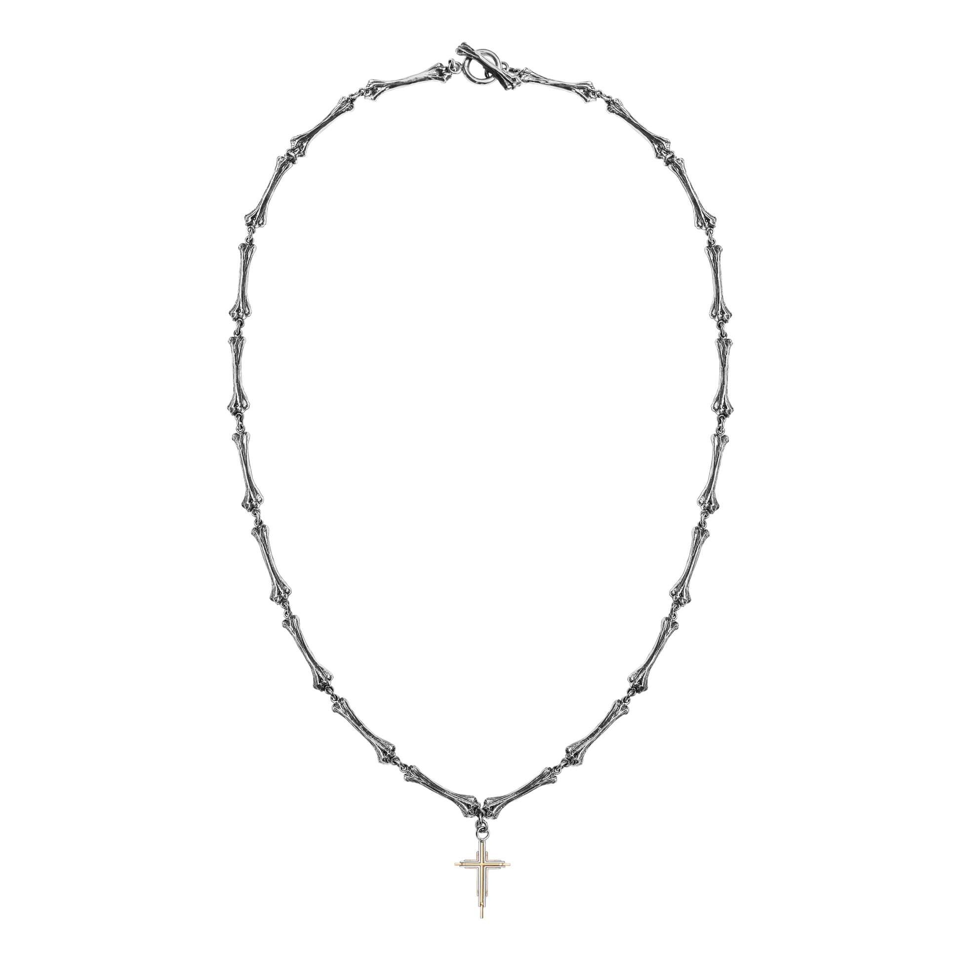 “Flat lay sterling silver bone cross pendant Cuban chain necklace”