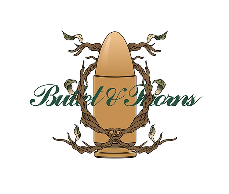 Logo of 'Bullet & Thorns' with a bullet and branches on a white background