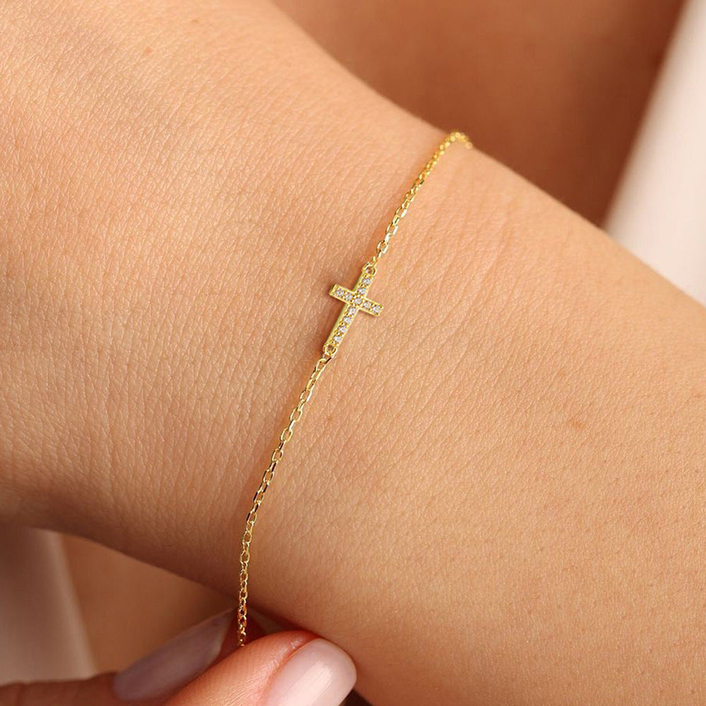Woman Wearing Minimalist Cross Bracelet INS Style