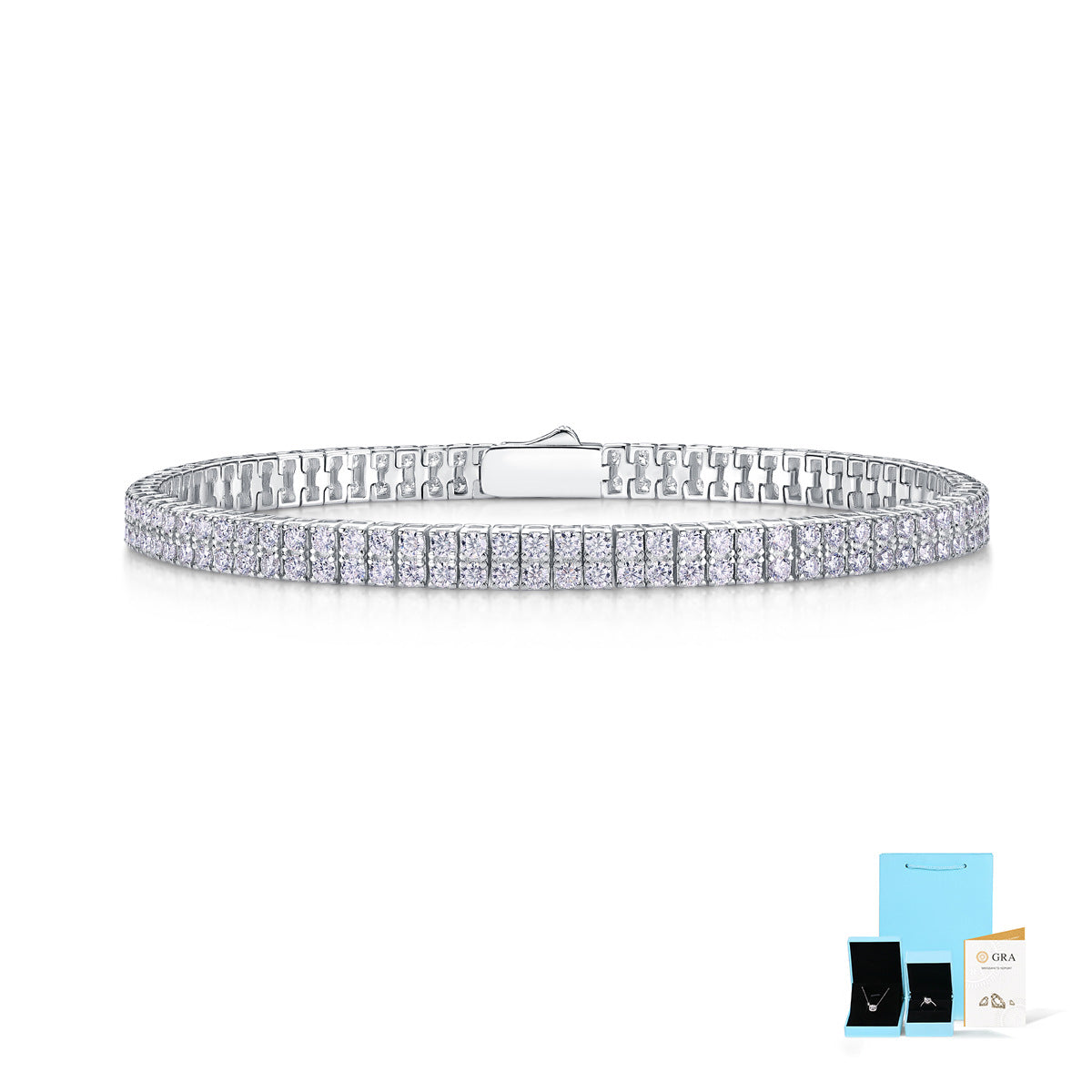 Bracelet styled with evening or bridal attire. Alt: “Enhanced Sparkle: Styling Double-Row Moissanite Bracelet.”