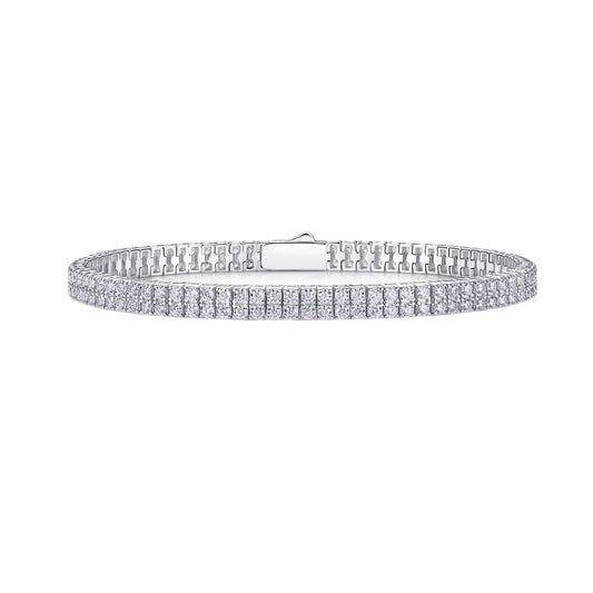 Bracelet styled with evening or bridal attire. Alt: “Enhanced Sparkle: Styling Double-Row Moissanite Bracelet.”
