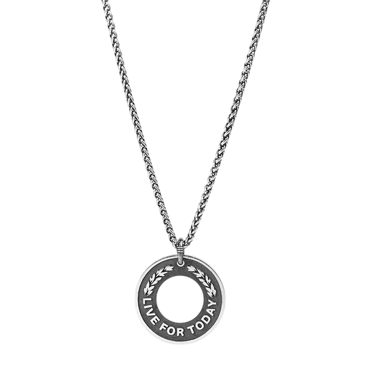 “Sterling silver dragon bone medallion necklace flat lay photo”