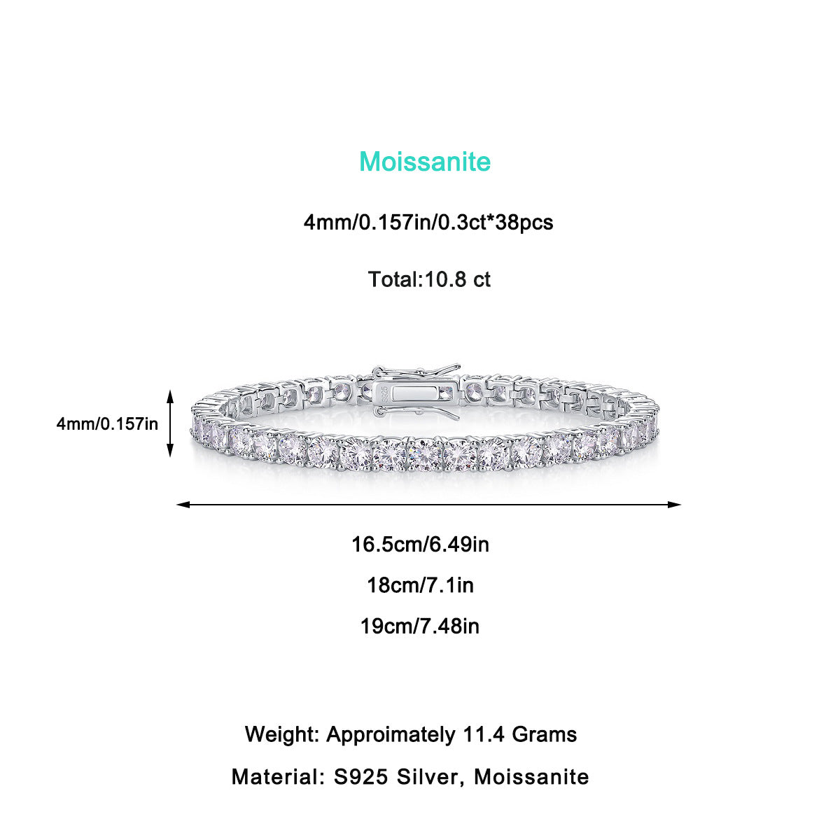 Sterling Silver Four-Prong Moissanite Tennis Bracelet