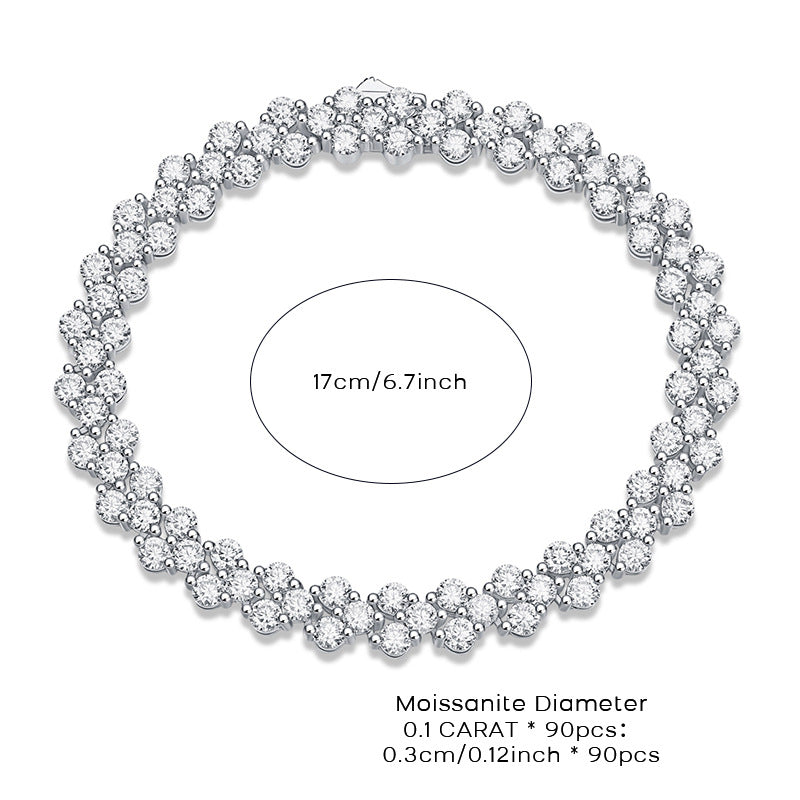 Silver bracelet with clear stones and measurement details on a white background