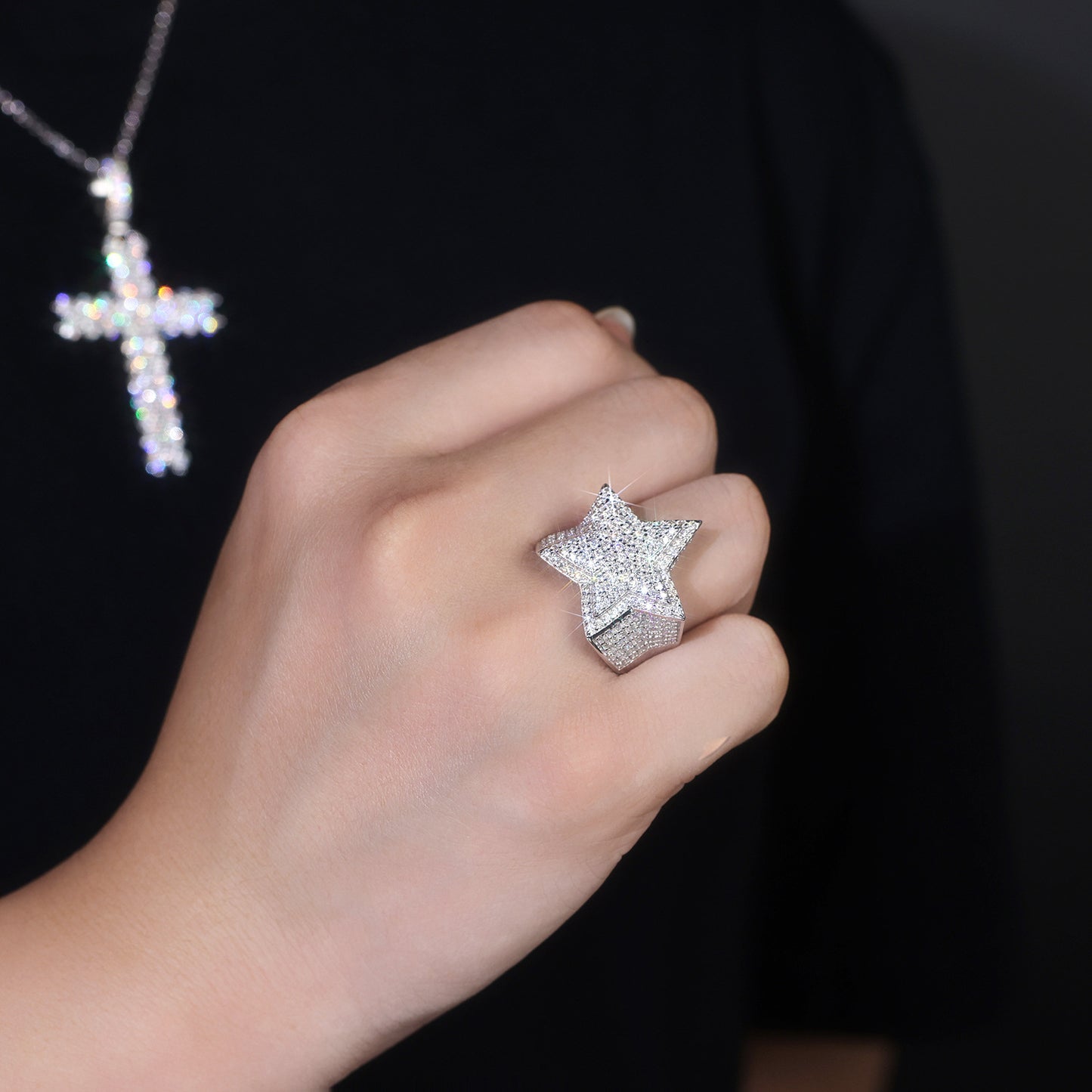 Model with streetwear aesthetic wearing the ring.
