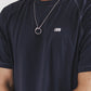 “Male model wearing minimalist Möbius infinity pendant silver necklace”