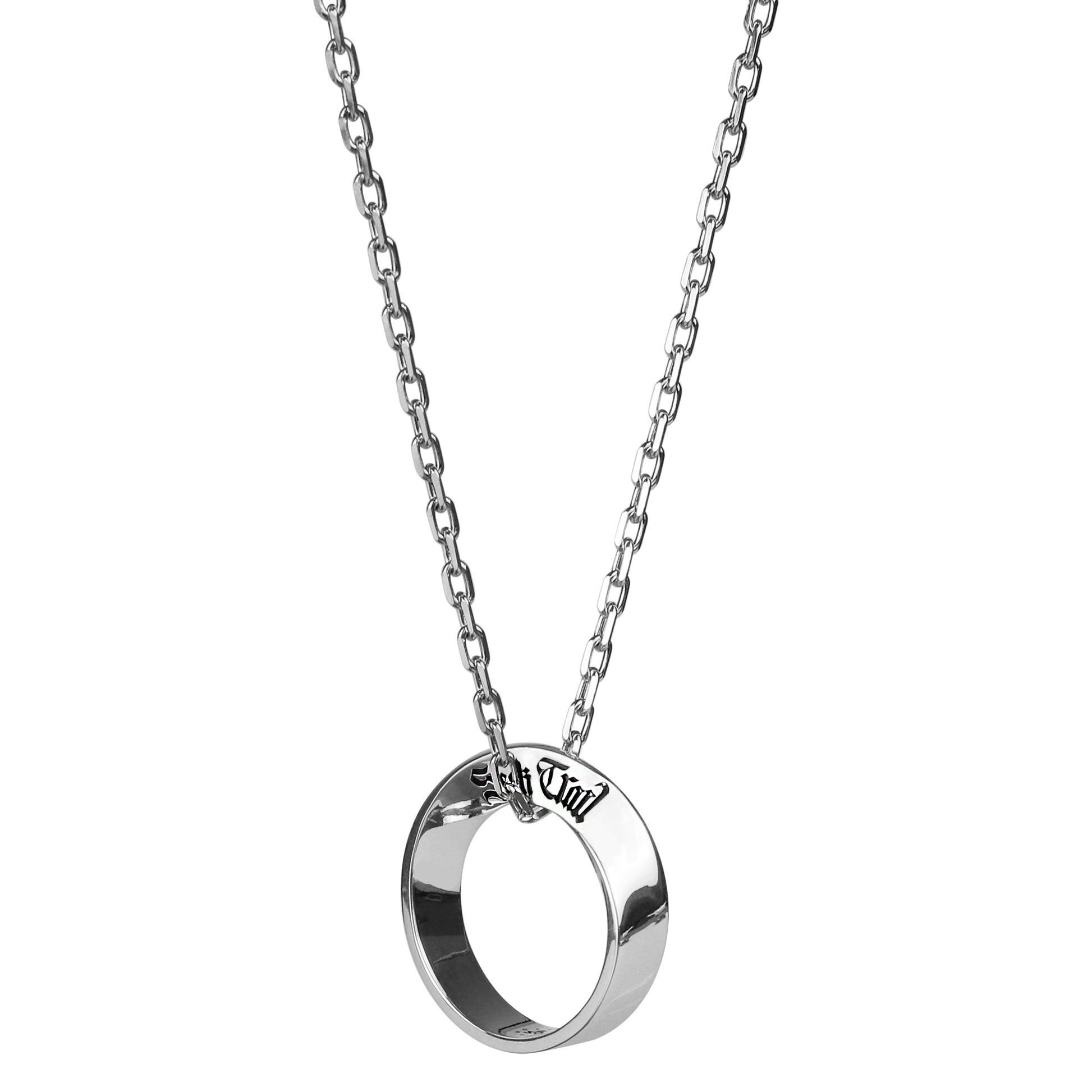 “Sterling silver Möbius ring pendant necklace flat lay”