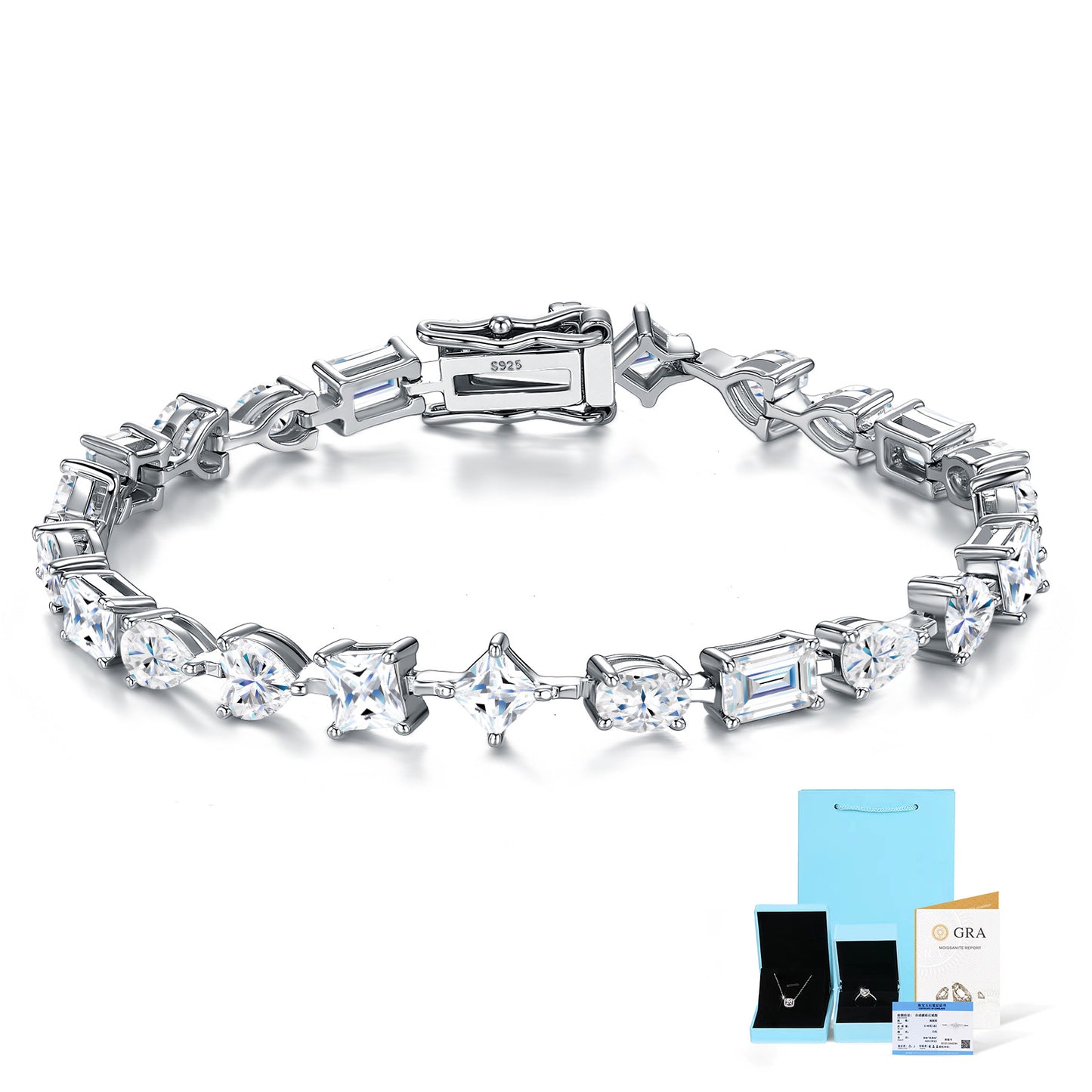Elegant flat lay featuring 4–5 multi-shape bracelets on neutral backdrop with varied cut illustrations. Alt: “925 Sterling Silver Multi-Shape Moissanite Tennis Bracelets Collection.”