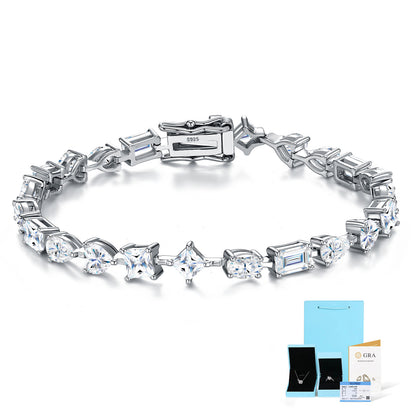 Elegant flat lay featuring 4–5 multi-shape bracelets on neutral backdrop with varied cut illustrations. Alt: “925 Sterling Silver Multi-Shape Moissanite Tennis Bracelets Collection.”
