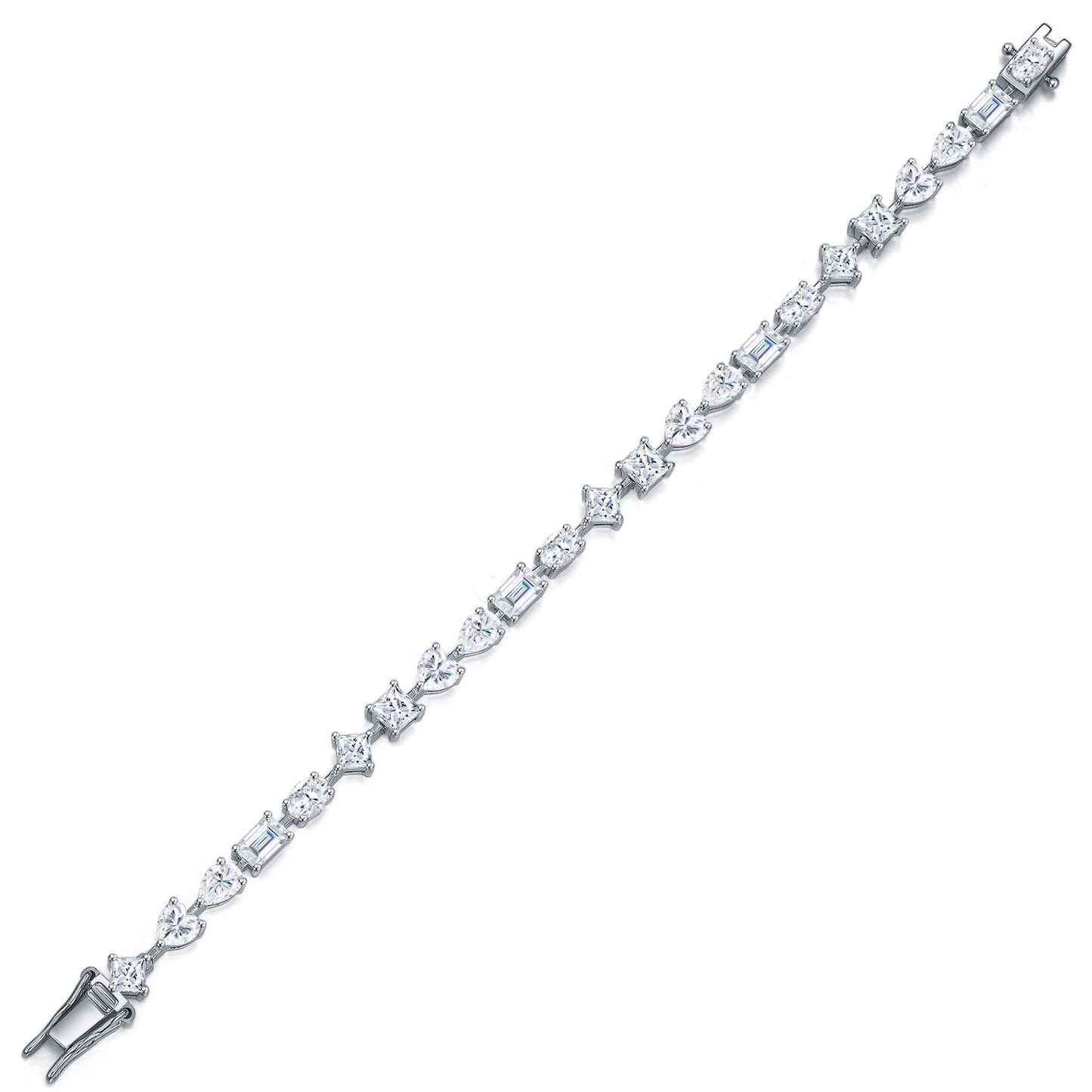 Elegant flat lay featuring 4–5 multi-shape bracelets on neutral backdrop with varied cut illustrations. Alt: “925 Sterling Silver Multi-Shape Moissanite Tennis Bracelets Collection.”