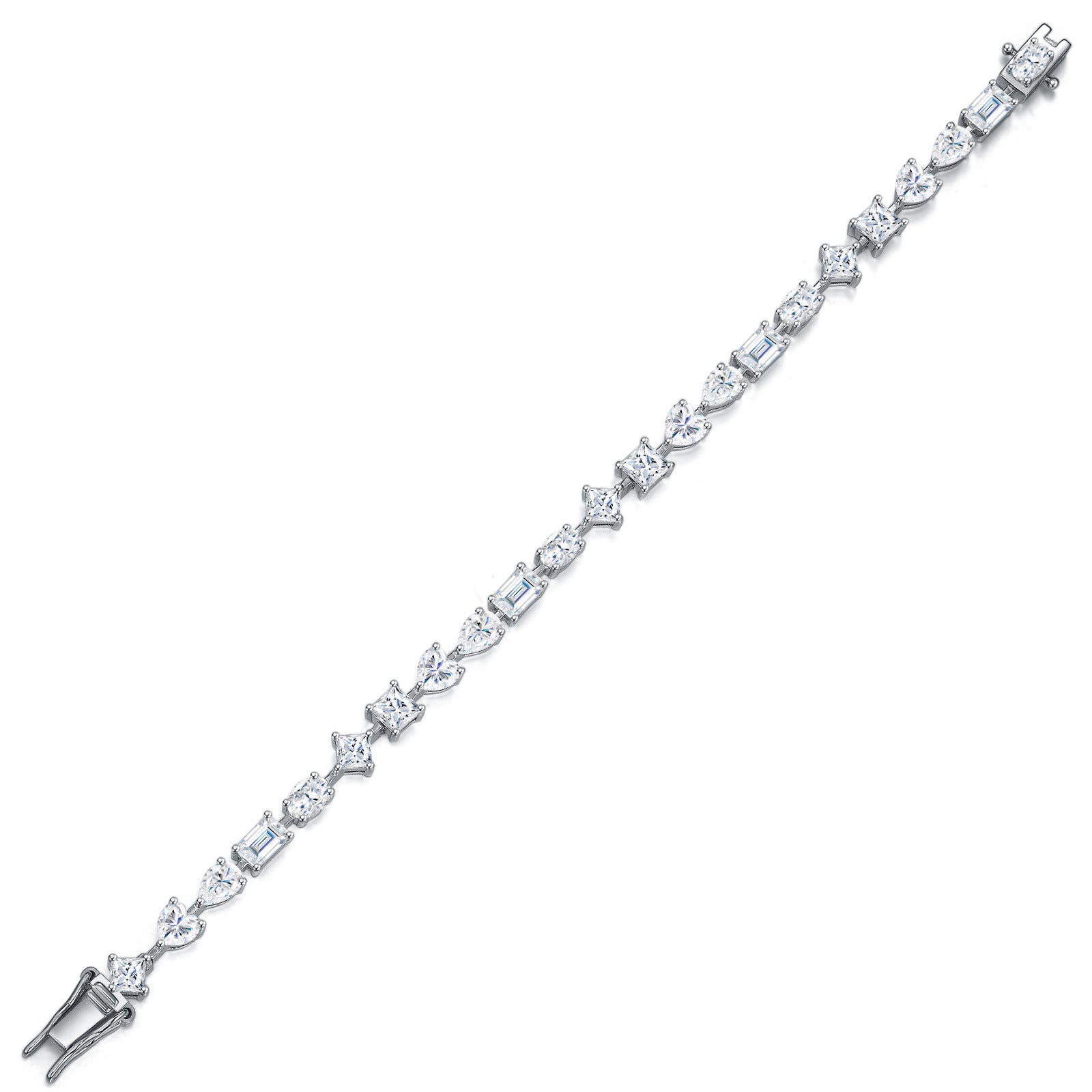 Elegant flat lay featuring 4–5 multi-shape bracelets on neutral backdrop with varied cut illustrations. Alt: “925 Sterling Silver Multi-Shape Moissanite Tennis Bracelets Collection.”