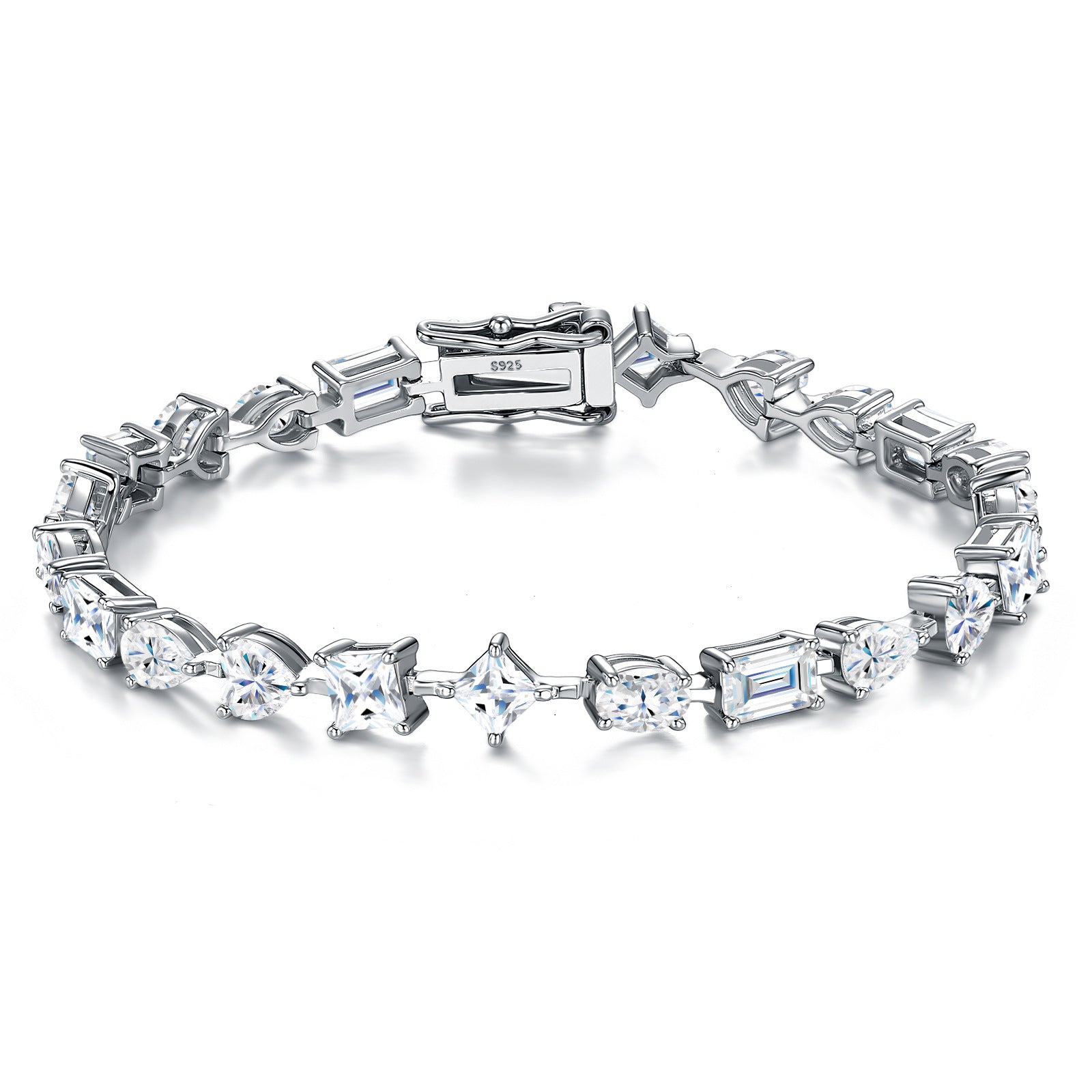Elegant flat lay featuring 4–5 multi-shape bracelets on neutral backdrop with varied cut illustrations. Alt: “925 Sterling Silver Multi-Shape Moissanite Tennis Bracelets Collection.”
