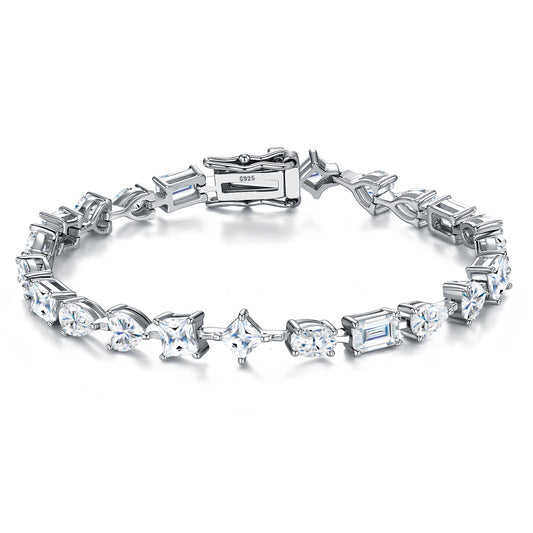 Elegant flat lay featuring 4–5 multi-shape bracelets on neutral backdrop with varied cut illustrations. Alt: “925 Sterling Silver Multi-Shape Moissanite Tennis Bracelets Collection.”