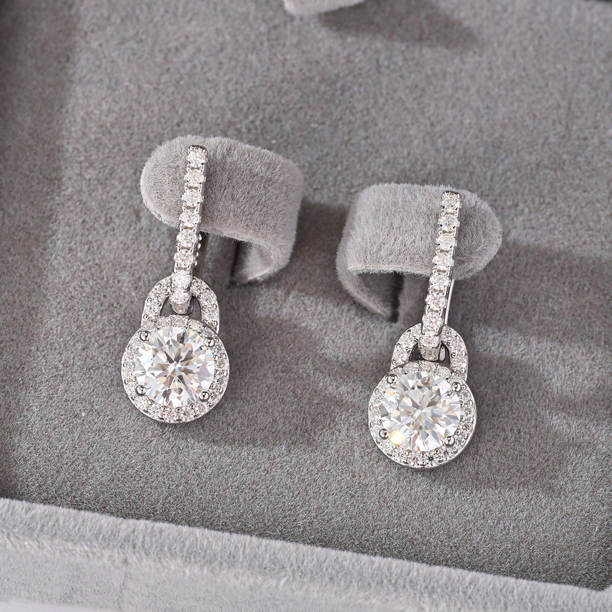 Yellow gold 20mm pavé drop earrings on neutral background. Alt: “20mm Pavé Drop Moissanite Earrings – 18K Yellow Gold.”
