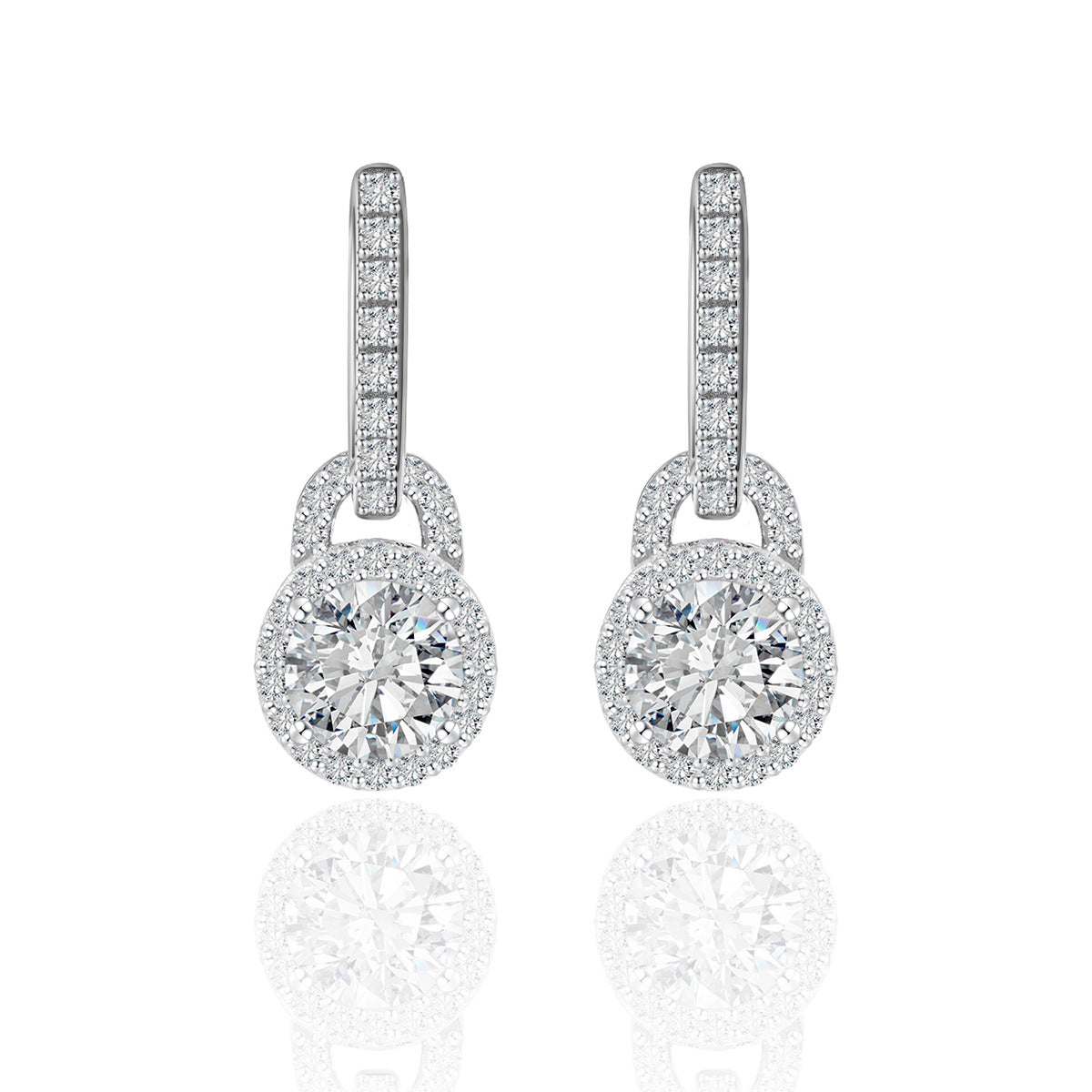 Yellow gold 20mm pavé drop earrings on neutral background. Alt: “20mm Pavé Drop Moissanite Earrings – 18K Yellow Gold.”