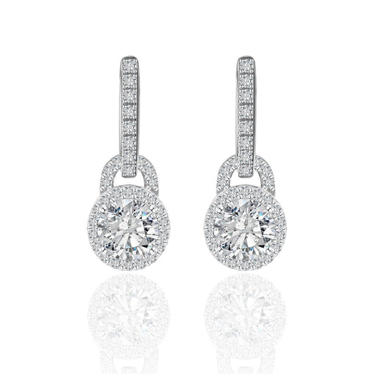 Yellow gold 20mm pavé drop earrings on neutral background. Alt: “20mm Pavé Drop Moissanite Earrings – 18K Yellow Gold.”