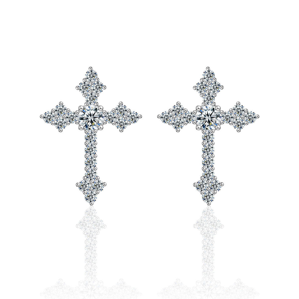 Yellow gold cross moissanite hoops on neutral background. Alt: “Pavé Moissanite Cross Hoops – 18K Yellow Gold.”