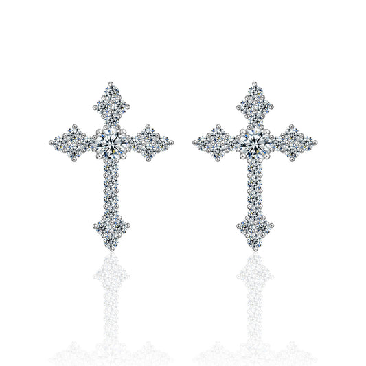 Yellow gold cross moissanite hoops on neutral background. Alt: “Pavé Moissanite Cross Hoops – 18K Yellow Gold.”