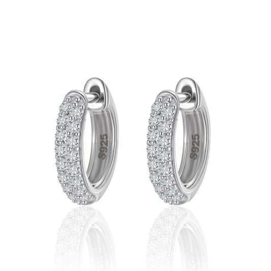  Yellow gold 3mm pavé moissanite hoops on neutral background. Alt: “925 Silver Pavé Moissanite Hoops – 3mm – 18K Yellow Gold.”