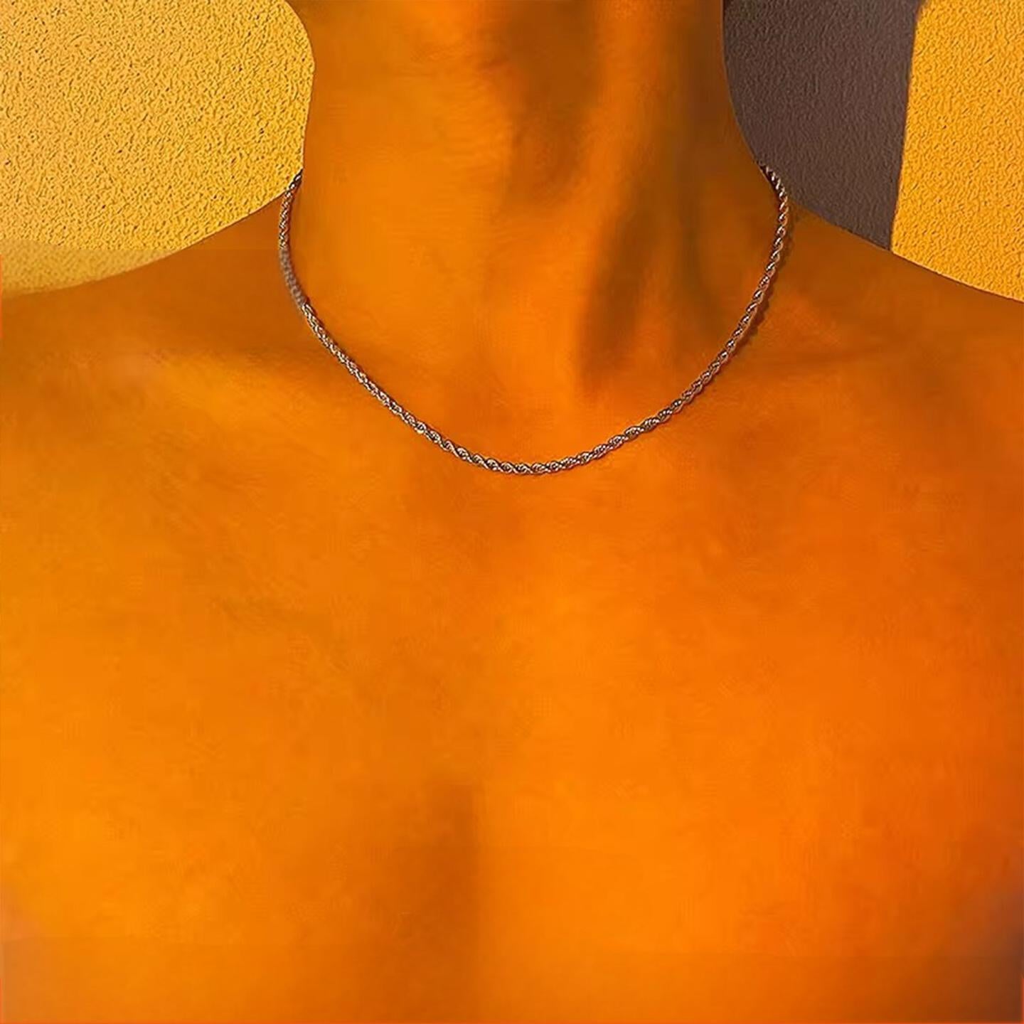 “Men’s minimalist rope chain styled with European streetwear outfit”